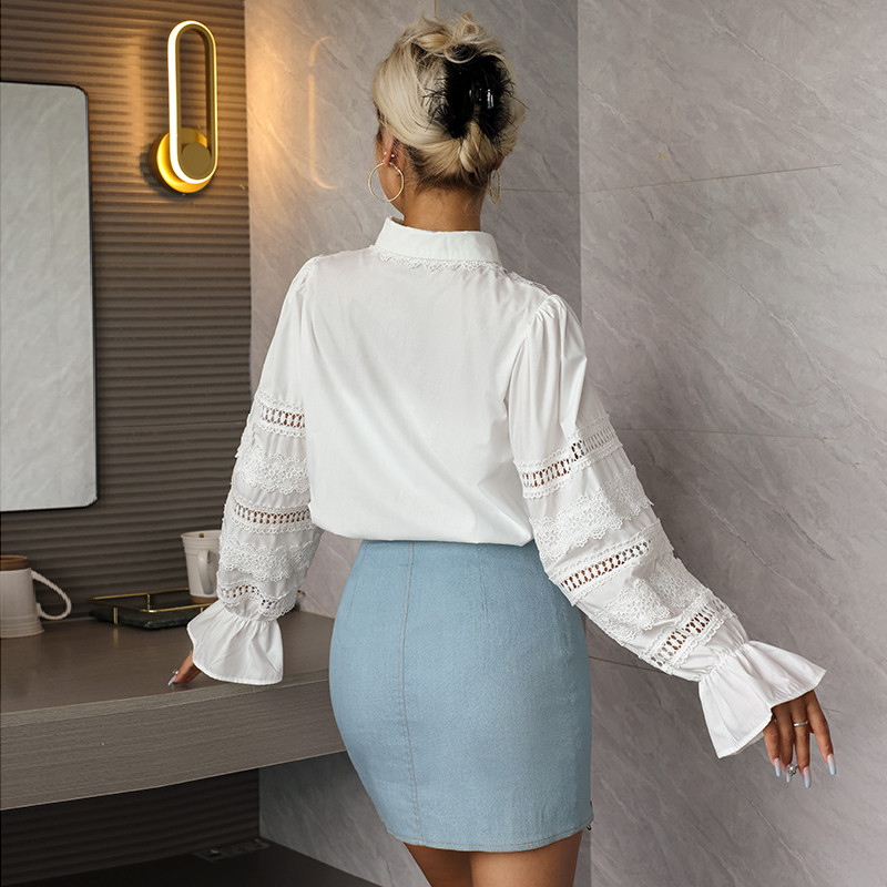 Longn Sleeved High Neck Flared Blouse Chic White High Waisted Lace Tops With Stand Collar For Women