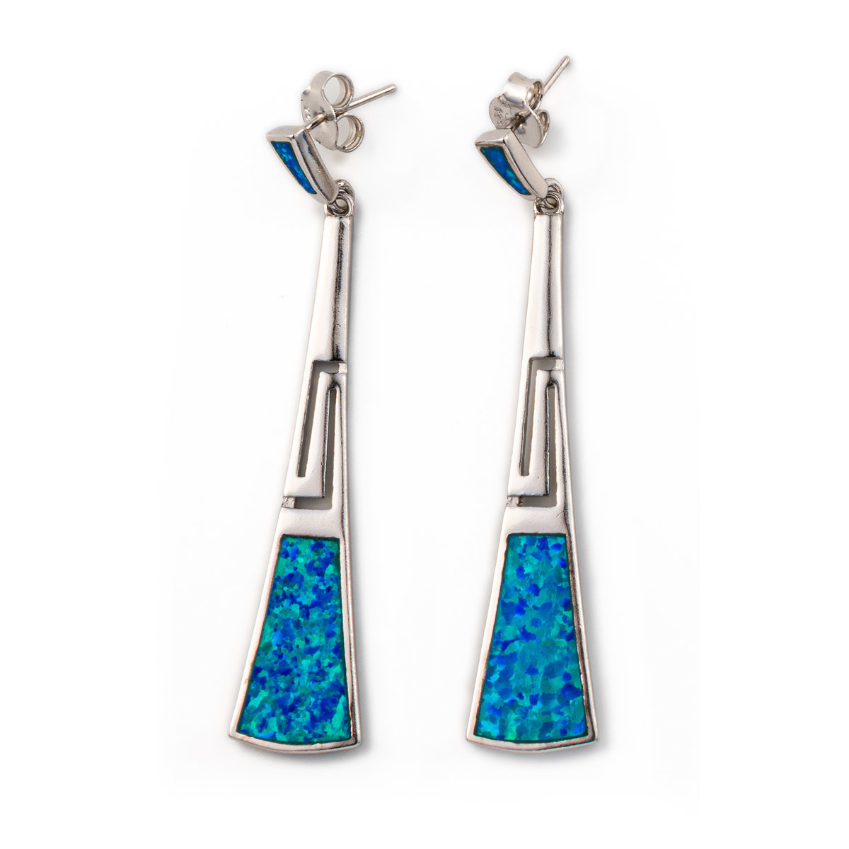 925 With Sterling Silver Blue Retro Opal Greek Meander Key Earrings 925 With Sterling Silver