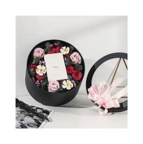 Cheap Oilproof Round Cardboard Flower Bouquet Boxes With Clear Lids for sale