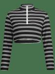 Trendy Women Clothing Stripe Long Sleeve O Ring Zip Crop Tee Top
