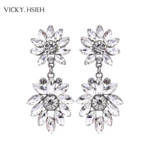 Quality VICKY.HSIEH Rhodium Tone Wedding Bridal Crystal Rhinestone Flower Drop Earrings wholesale