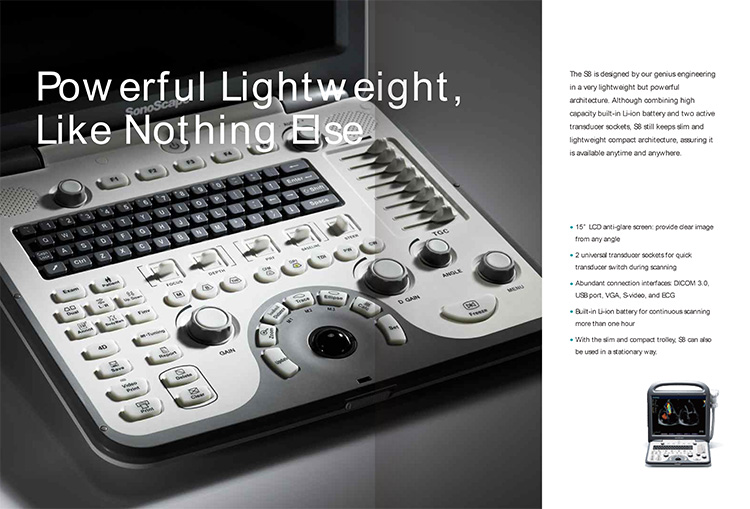 Sonoscape S8 B/ 2B/ 4B/ M/CW Echocardiography Ecograph 4D Laptop Notebook Portable Color Doppler