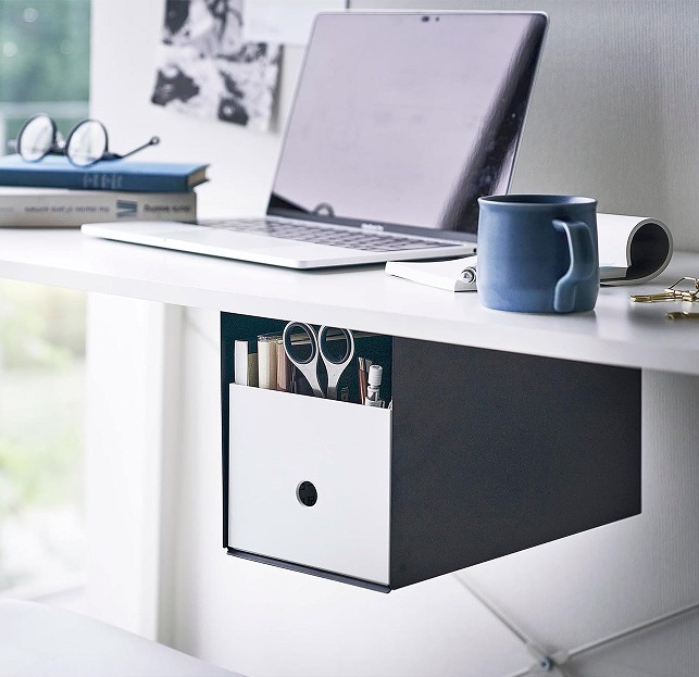 Metal Under Table Storage Box with Heavy Duty Shelf and Floating Hidden Desk Drawer