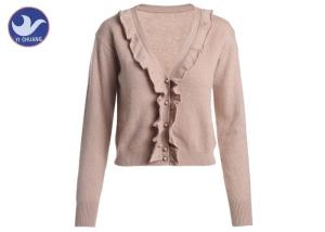 Quality V Neck Ruffle Frill Womens Knit Cardigan Sweaters Long Sleeves Short Body wholesale
