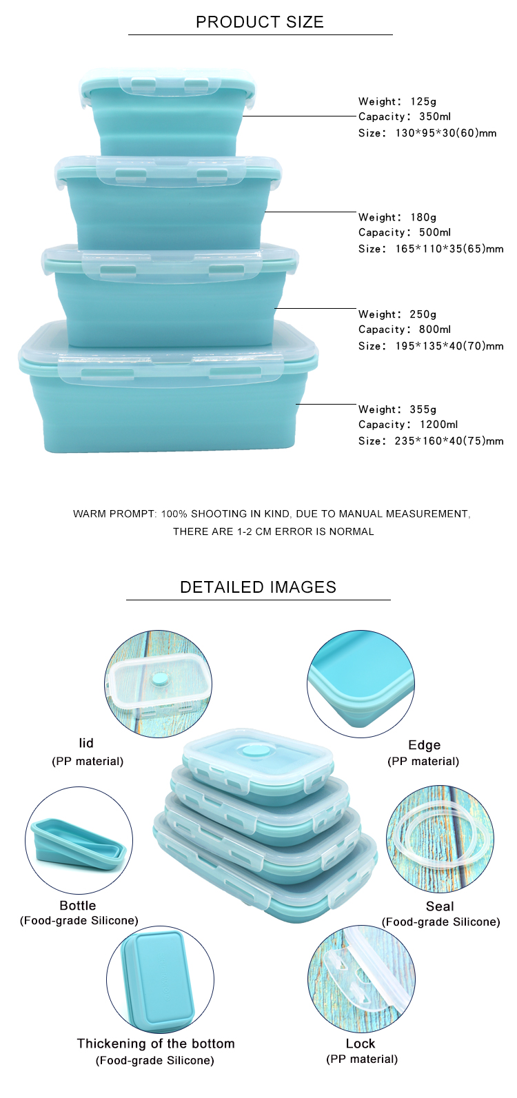Bpa Free 550ml 1L 3L Camping Foldable Lunch Box