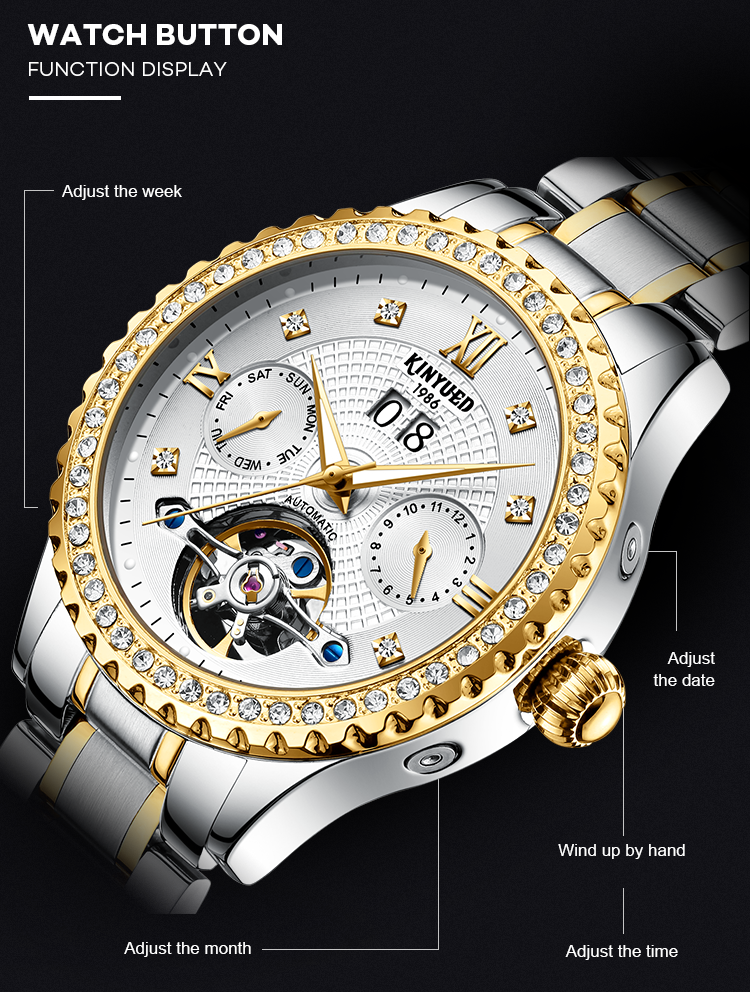 KINYUED Design your own luxury waterproof mens skeleton automatic tourbillon watch mechanical