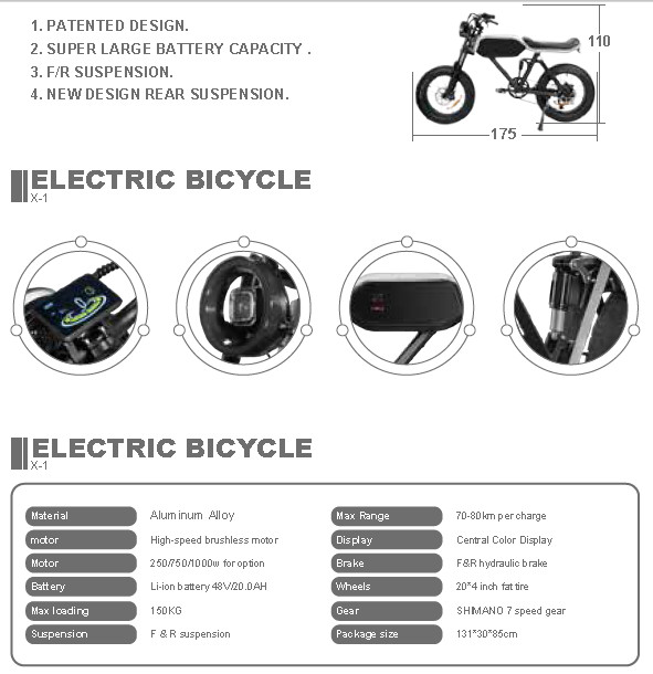 X-1 20*4 Inch Fat Tire Electric Bike With Li-Ion Battery 48V/20.0AH