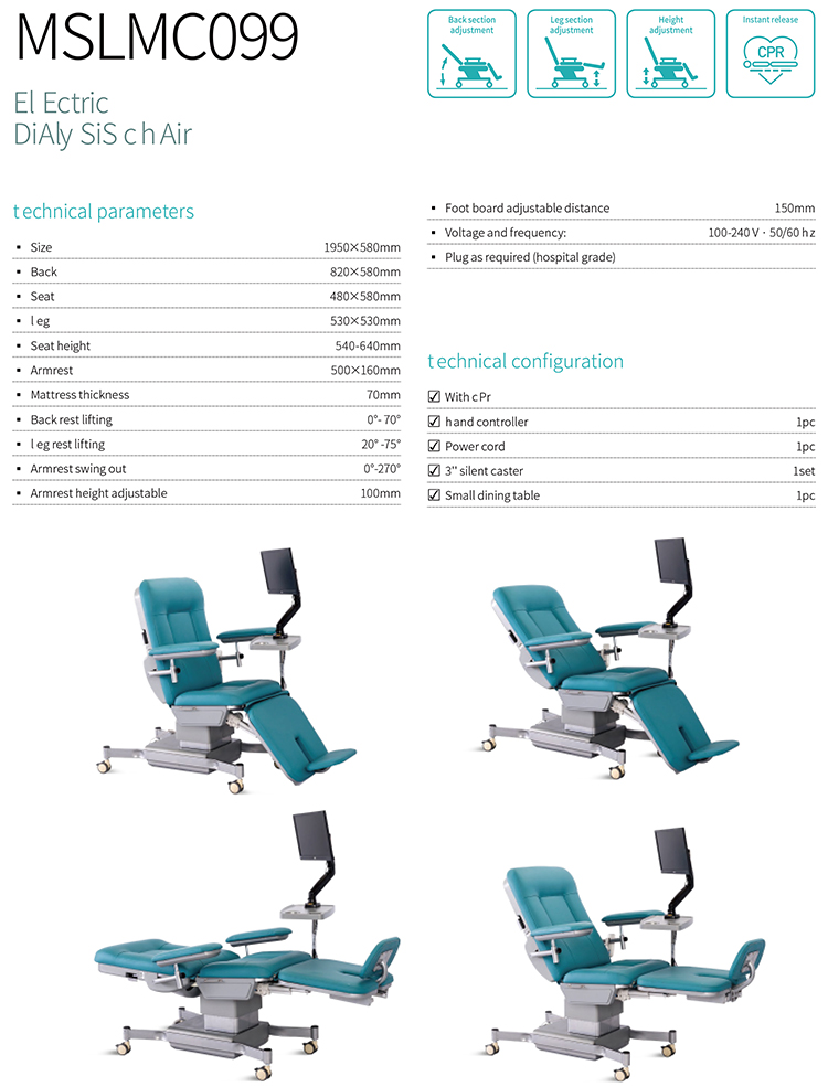 Blood Donation Chair Manufacturer Electric Three Function Dialysis Chair Hospital Patient Medical Recliner Chemotherapy