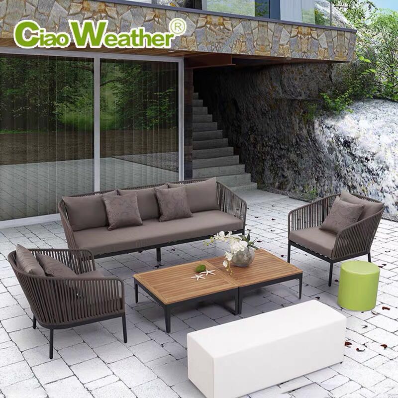 Outdoor Dining Furniture Modern Leisure Waterproof Garden Woven Rope Table and Chairs with Powder Coated Frame