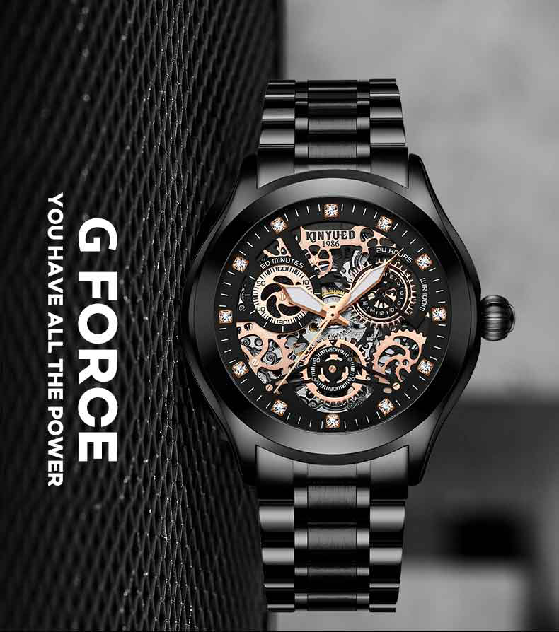 KINYUED J062 oem waterproof custom logo leather fashion tourbillon skeleton wrist watch luxury mechanical watch men wris