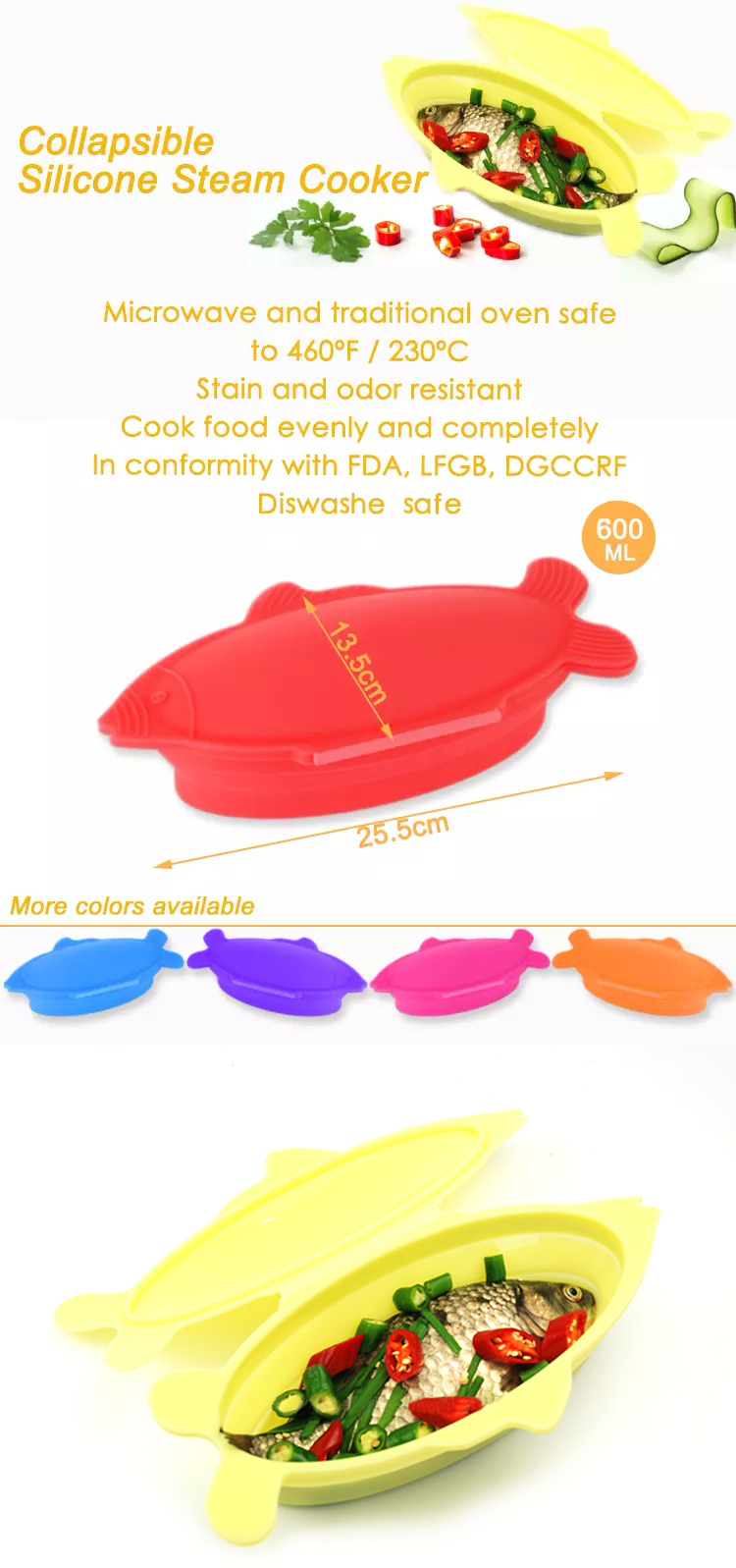 600ml Collapsible Odorless Silicone Fish Steamer
