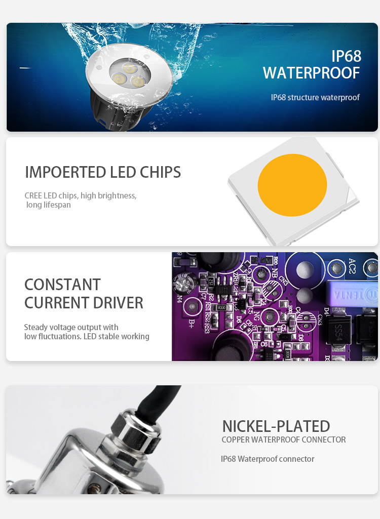 Colorful CREE Chip IP68 316L Stainless Steel 130LM Underwater LED Spotlights