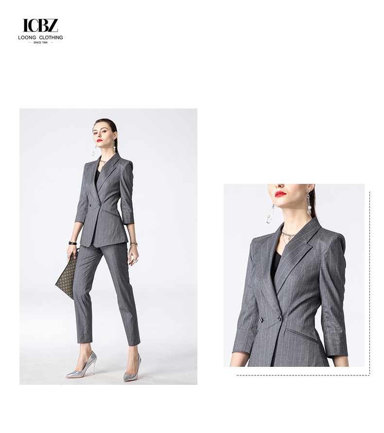 Solid Pattern Women's Office Wear Custom Dark Gray Striped Professional Work Suit