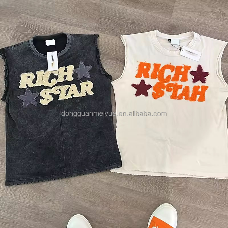 Custom Print Logo Applique Rips T Shirt Mens Streetwear Sleeveless T Shirts Gym Wear