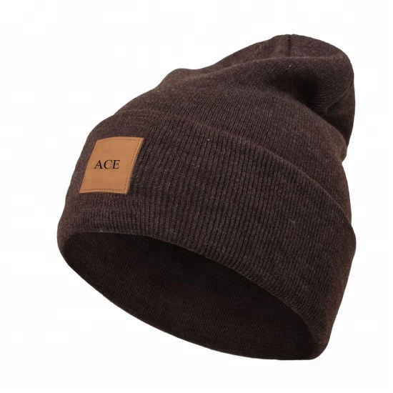 Comfortable Plain Knit Beanie Hats With Leather Patch Customized Size / Color