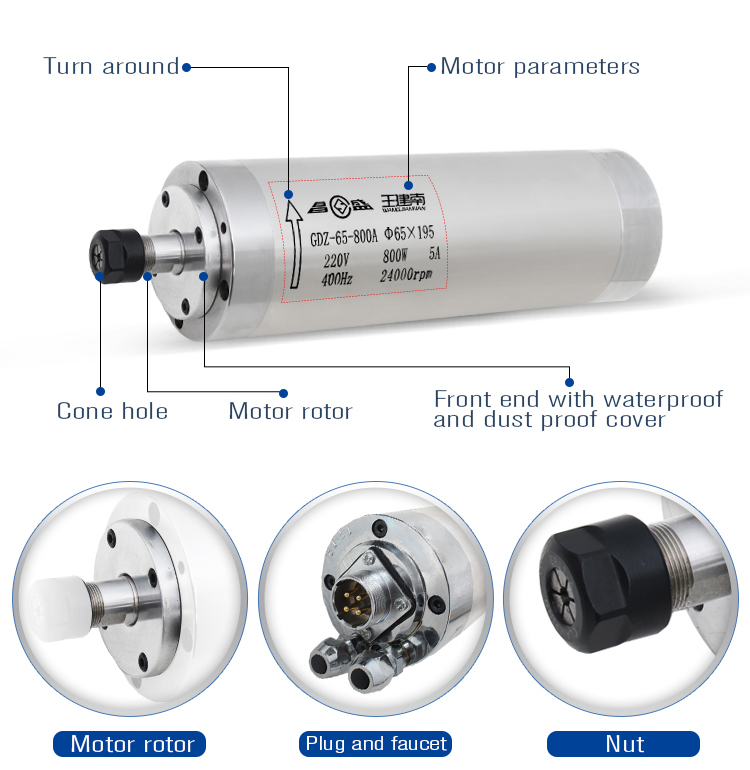 High Frequency Water Cooled Spindle Motor 0.8kW ER11 Collect 400HZ 24000rpm GDZ65-800