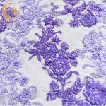 OEM Handwork Purple Beaded French Lace Fabric Embroidered