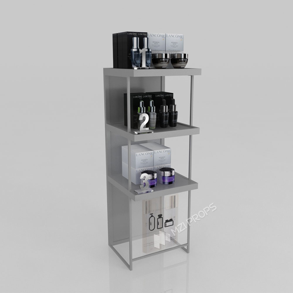 GDR03-CB-08 Double Sided Transparent Low Cabinet with Adjustable Shelves and Luxury Branding Integration for Specialty Beauty Stores