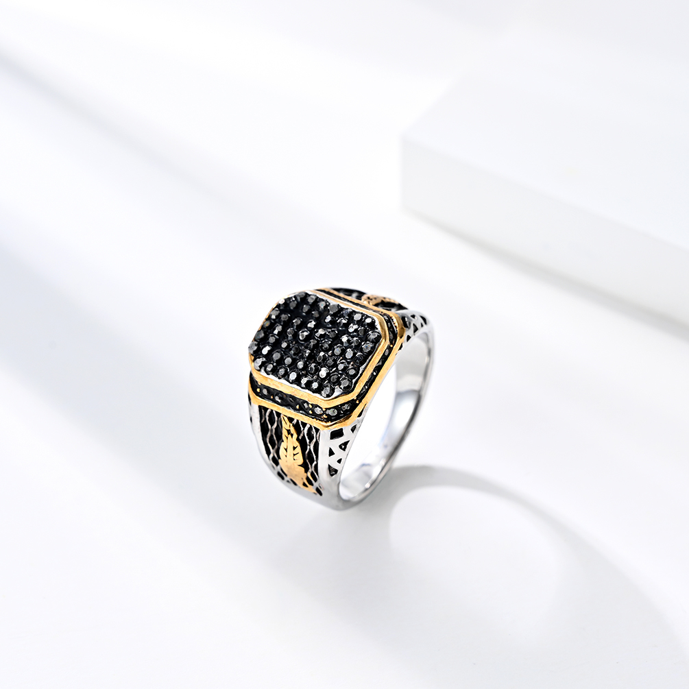Black 18k Gold Plated Mens Ring Jewelry Gemstone Stainless Steel Men Rings Custom