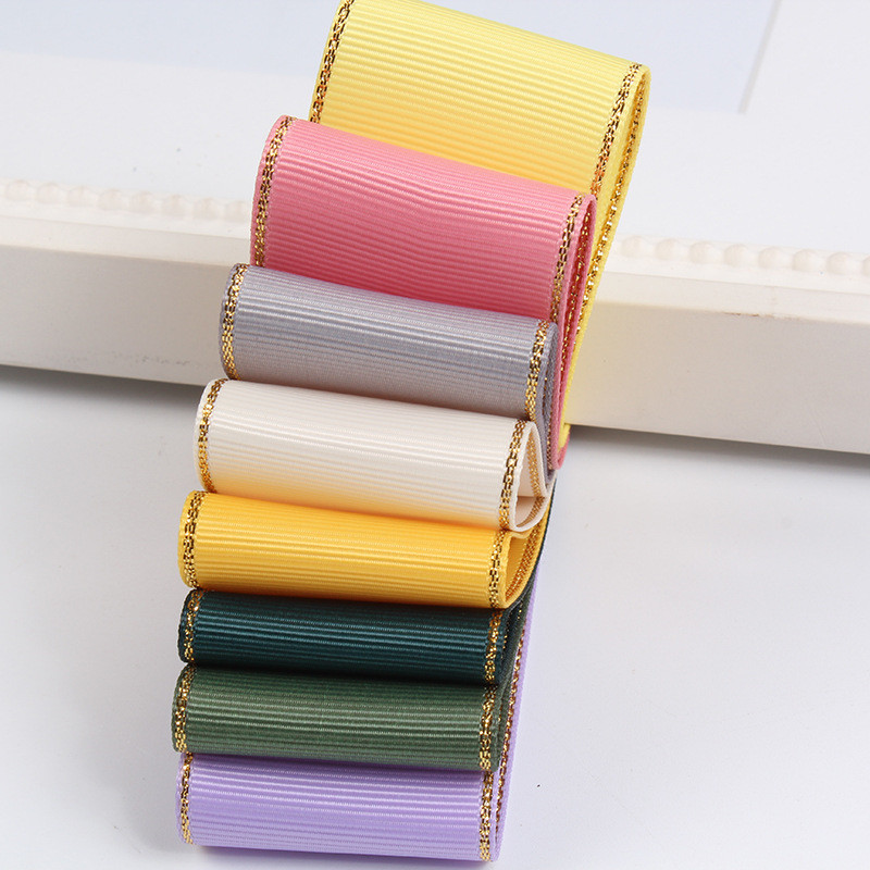 2.5cm Polyester Gold Edge Double Face Grosgrain Ribbon for Christmas Tree and Bag Handles