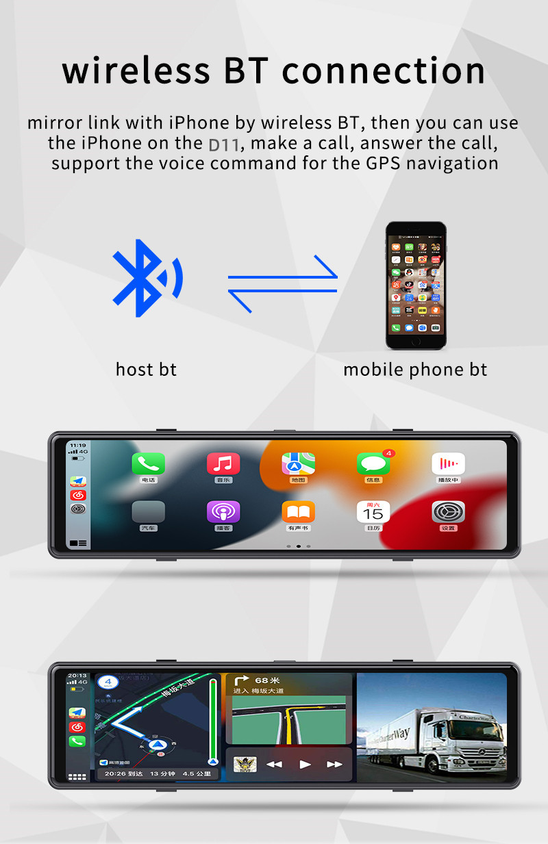 AHD1080P Android Wireless Carplay Rear View Mirror DVR WIFI GPS 3 Cams