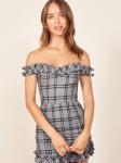 Gingham Linen Ruffle Shoulder off Dress for Women