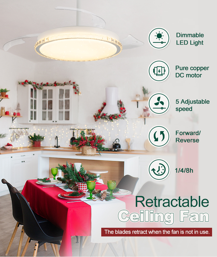 110-240V/50Hz-60Hz LED Ceiling Fan with Retractable Blades 10- and Space-Saving Design