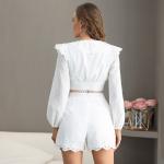 Eyelet Buttoned Ladies Casual Shorts Woven Crop Top And Shorts Set