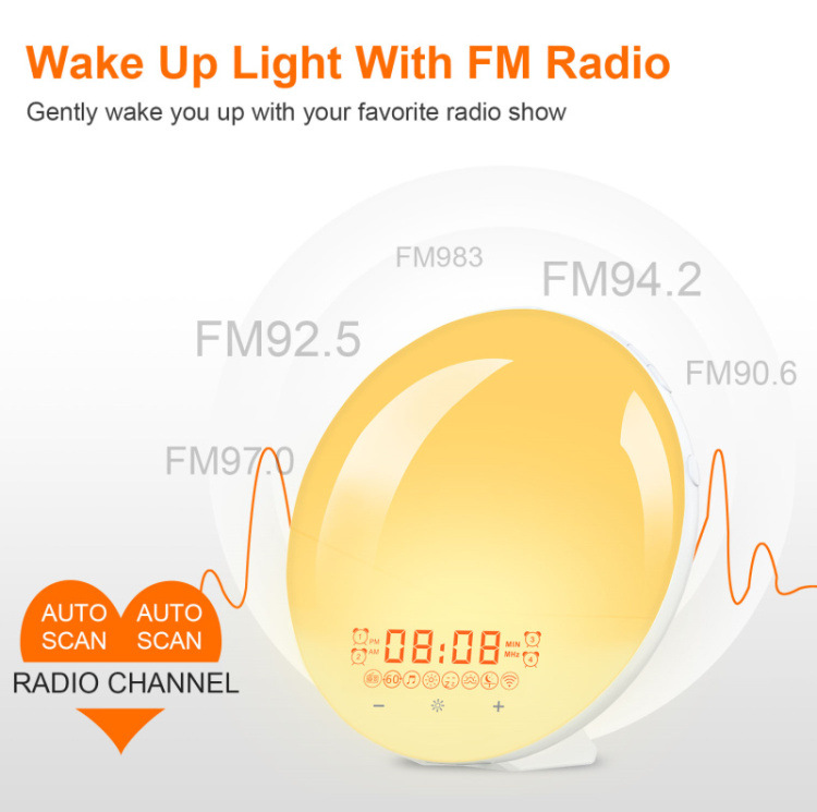 2022 New Smart APP Sunrise Wake up Light Alarm Clock with 8 Natural Music Sunrise Simulation Bedside Night light with FM