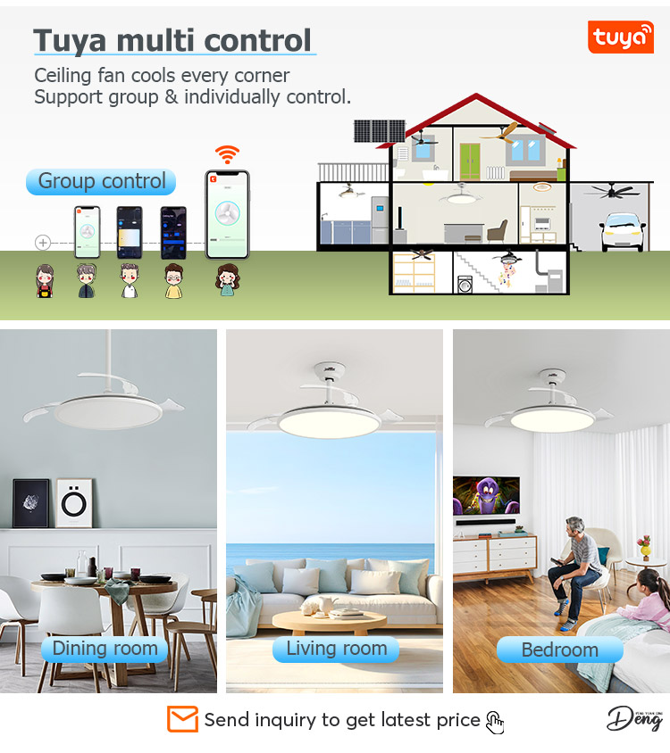 Ultra Thin White Elegant Design Retractable Ceiling Fan with LED Light and 6" Downdrod