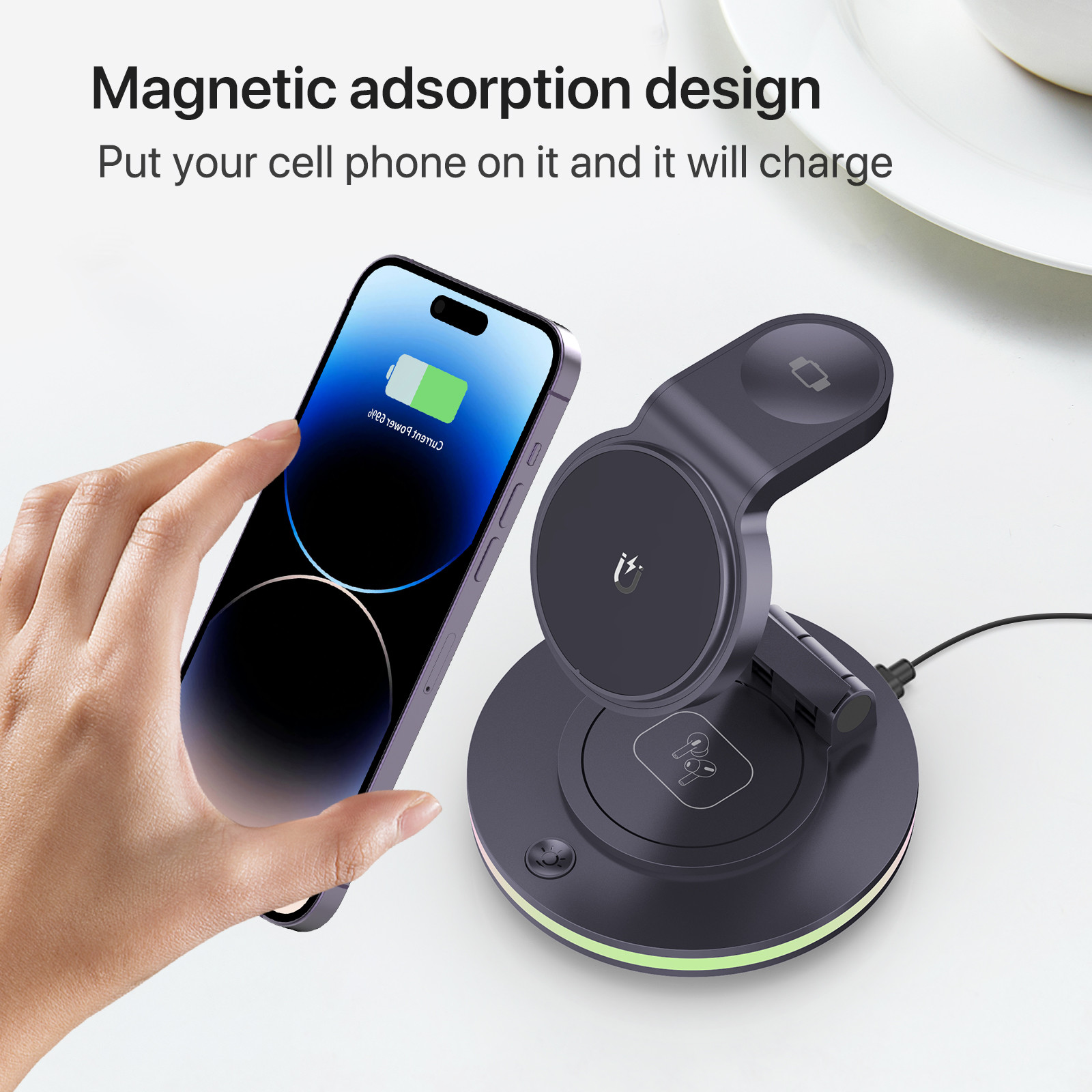ABS Acrylic Material Foldable Wireless Charger with LED Light and TYPE-C Input