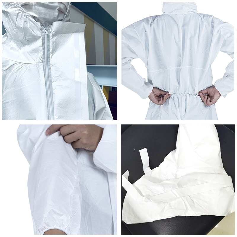 Non Woven Hooded Disposable Coveralls Pp Pe Laminated Sf White Color With Boot Cover