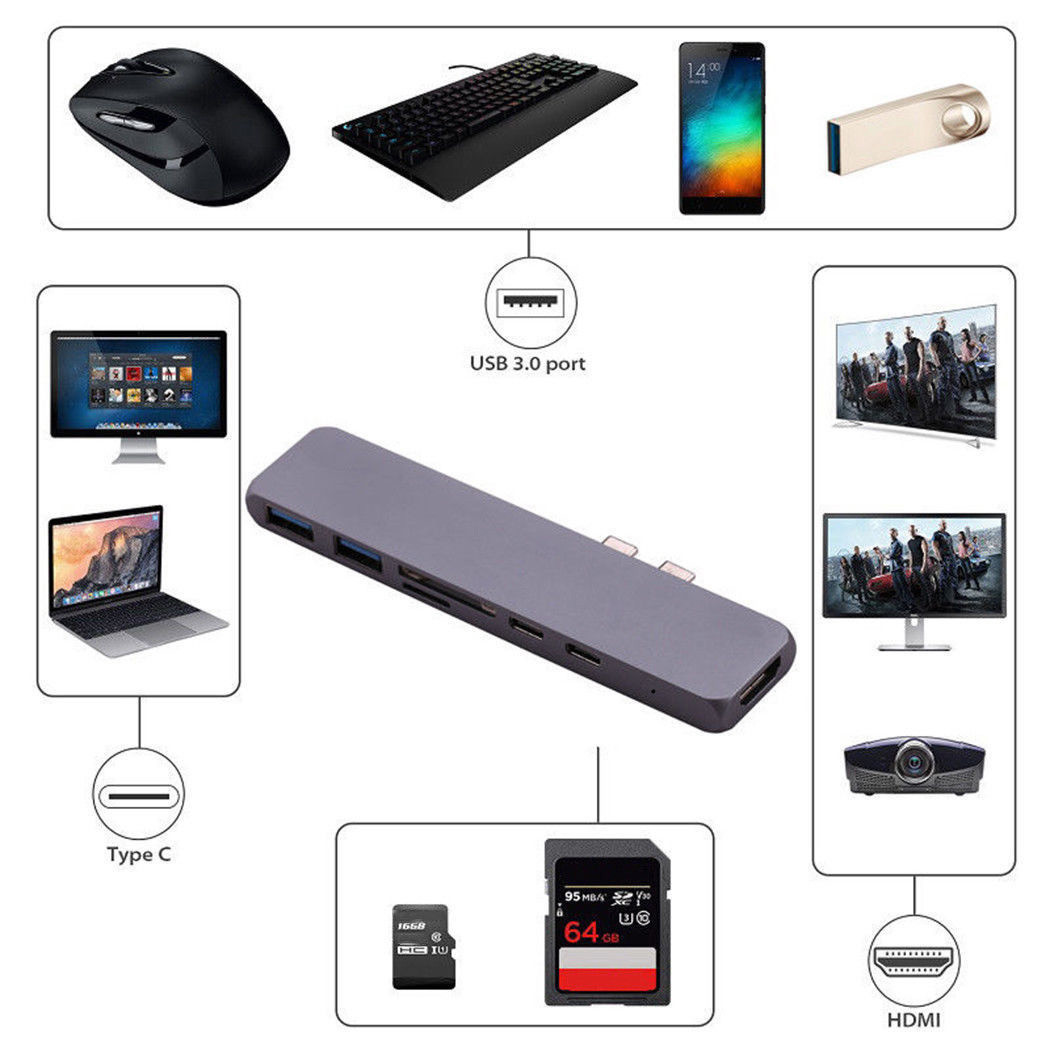 Dual USB C Hub Macbook Pro 2017/2016 13" 15" Accessories Thunderbolt 3 Hub Adapter Type-C Dock MicroSD/SD Card Reader