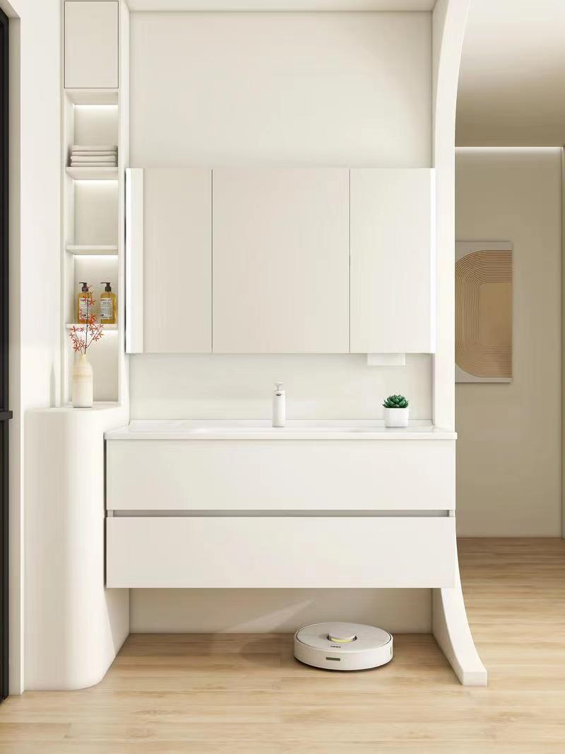Modern White Bathroom Vanity Combo with Mirror and Sink 38-46 Inch Cultured Marble