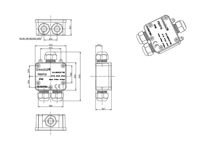 Waterproof Pool Light Accessories , 5-9mm / 12-15mm Three Way Junction Box