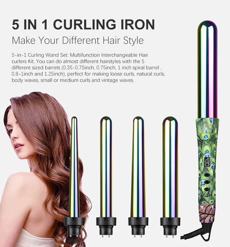LCD Heat Display Interchangeable Curling Iron Set Beach Waves 5 In 1