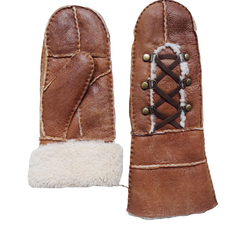 Wholesale mitten gloves sheepskin leather gloves with metal button