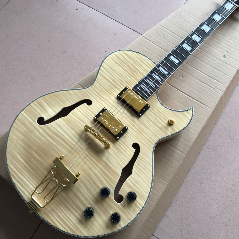 LP les Tiger Flame paul F hollow body jazz electric guitar in natural color
