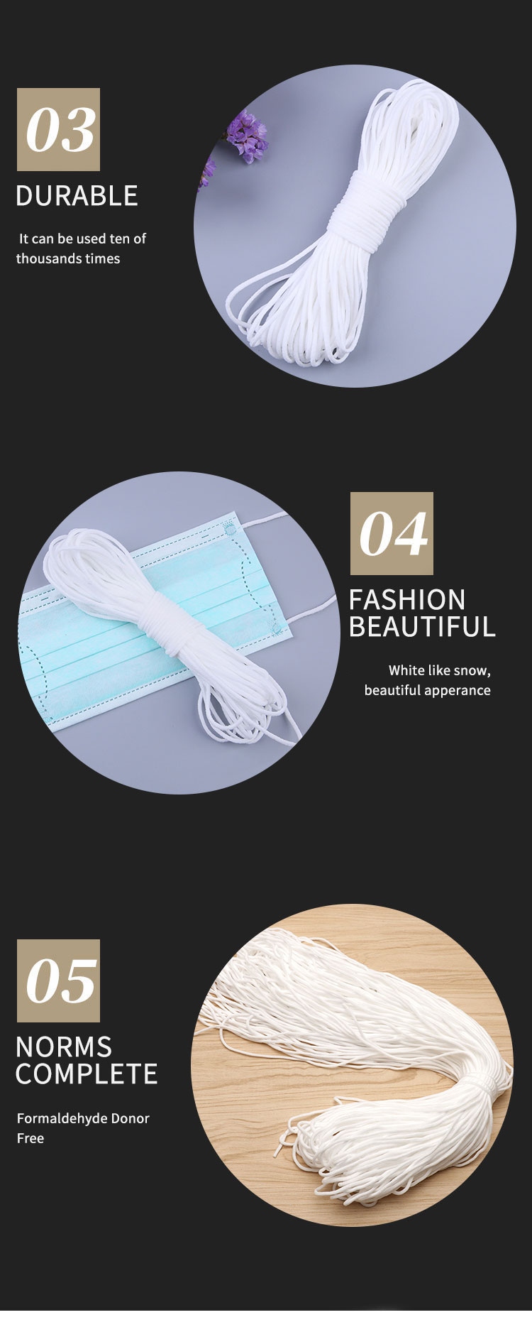 3MM 5MM Spandex & Chinlon Material For Disposable Flat & Round Elastic Earloop Rope