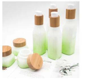 Quality Green Gradient OPAL Glass Bottle With Wood Lid Cap Cosmetic Lotion Container wholesale