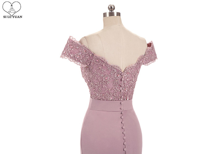 Off Shoulder Pink Mermaid Bridesmaid Dresses Lace Beading Elastic Sweep Train