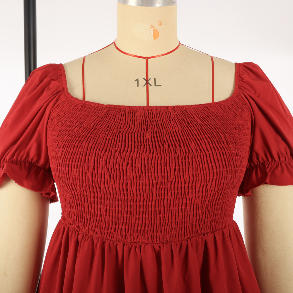 Large Size Women&prime;s Large Size Solid Color Leisure Holiday Dress Travel Square Collar Play Wrap Bubble Sleeve Dress