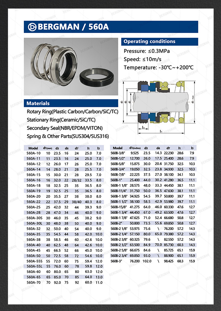BERGMAN 560B Pump Mechanical Seal SS304 SS316 Metal