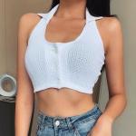 Backless Button Front Women Crop Top , Sleeveless Cotton Halter Tank Top