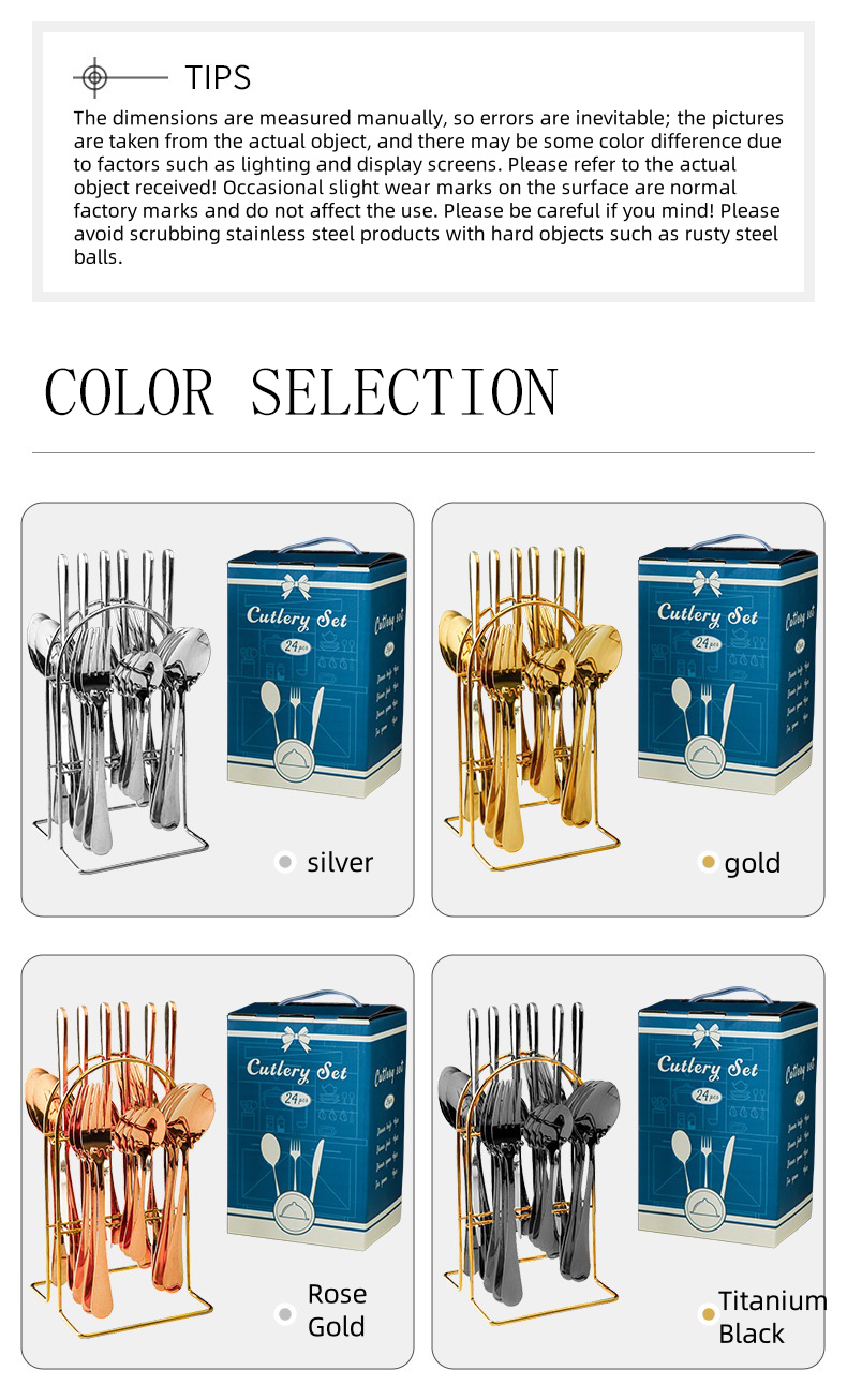 24Pcs Flatware Set Stainless Steel Gold Silver Knife Spoon Fork Cutlery Sets for Party