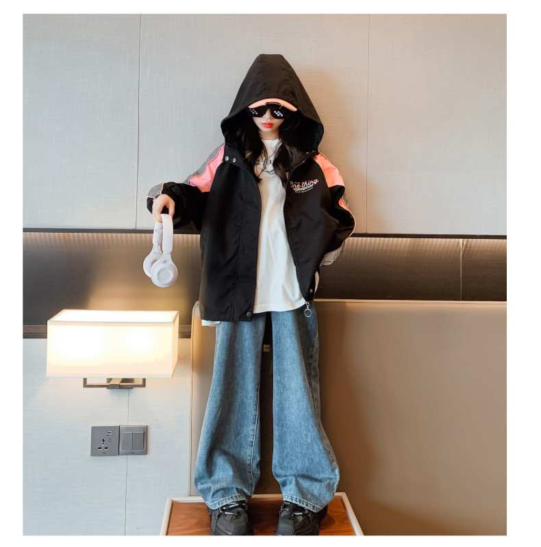 Spring Autumn Warm Childrens Coats Black Monogrammed Print For Girls Aged 4-16