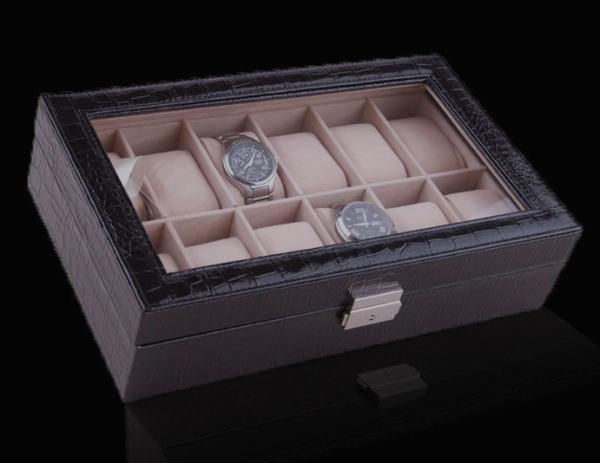 Black Leather Watch Display Box, Removable Pillows for 12 Timepieces, Closure,