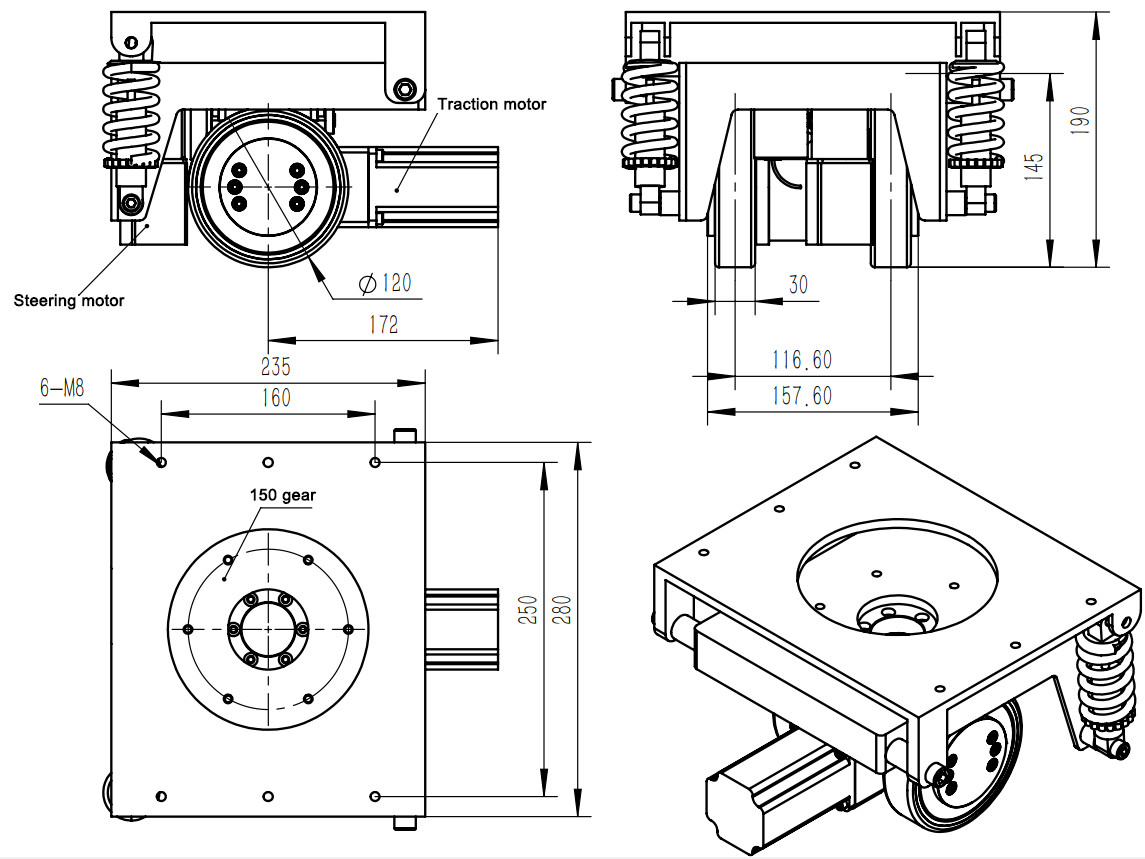 AGV Motor Steering Wheel , 1.27Nm 100kg Differential Wheel