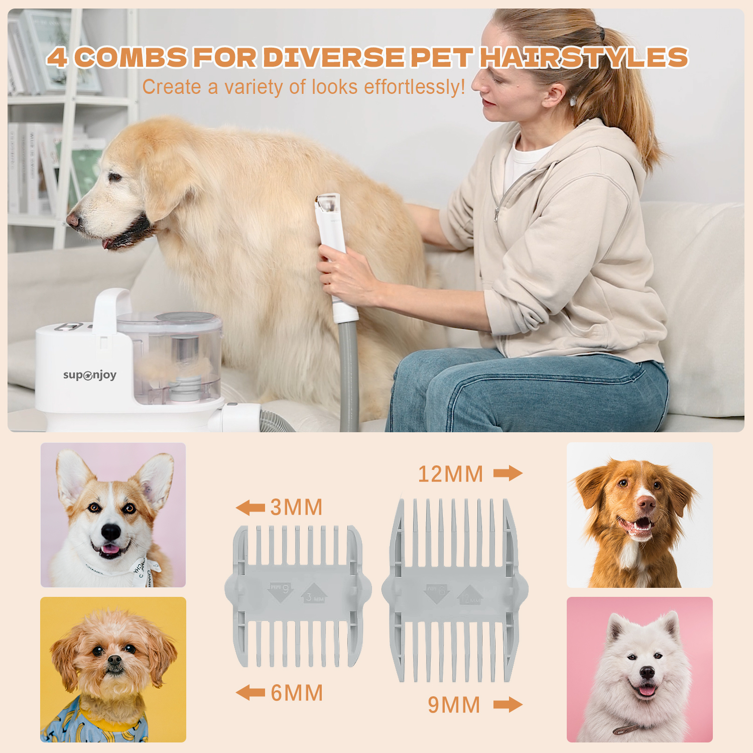 6 Grooming Tools included in 3.9kg White Pet Grooming Vacuum for Dog Cat