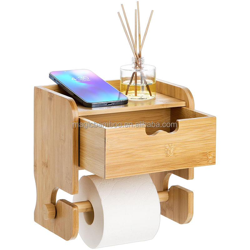 Custom Bathroom Storage Rack Wall Mounted Bamboo Toilet Paper Holder